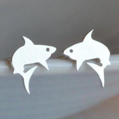 Shark Earring Studs In Sterling Silver, Animal..