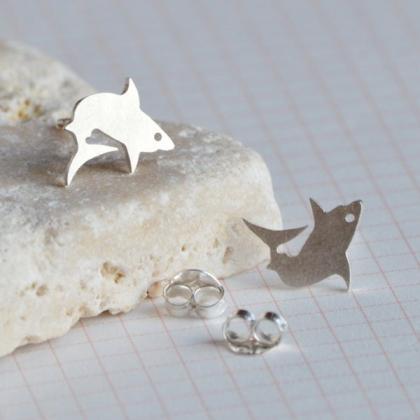 Shark Earring Studs In Sterling Silver, Animal..