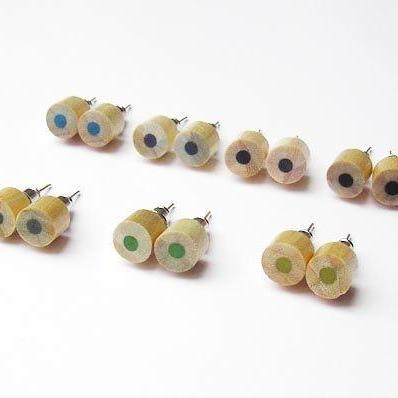 Wooden Color Pencil Ear Studs In Green, Blue And..