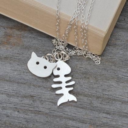 Fishbone And Cat Necklace In Sterling Silver,..