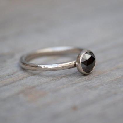 Rose Cut Black Diamond Engagement Ring, Round..