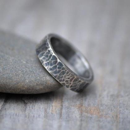 Oxidised Hammered Effect Wedding Band In Sterling..