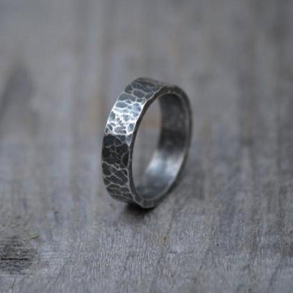 Oxidised Hammered Effect Wedding Band In Sterling..