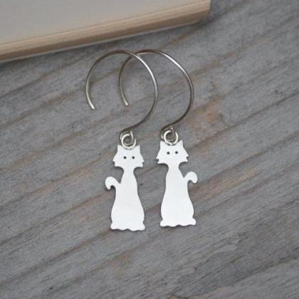 Cat Earrings In Sterling Silver, Kitten Dangle..