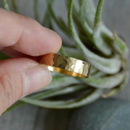 Hammered Effect Weding Band In Yellow Gold, Rustic..