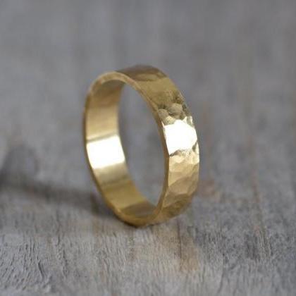 Hammered Effect Weding Band In Yellow Gold, Rustic..