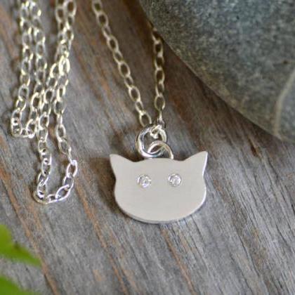 Cat Necklace With Diamond Eyes, Kitten Necklace..