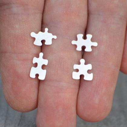 Jigsaw Puzzle Ear Studs Handmade In Sterling..
