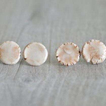 Round Porcelain Stud Earrings In Ivory And Brown,..