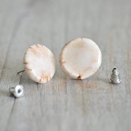 Round Porcelain Stud Earrings In Ivory And Brown,..