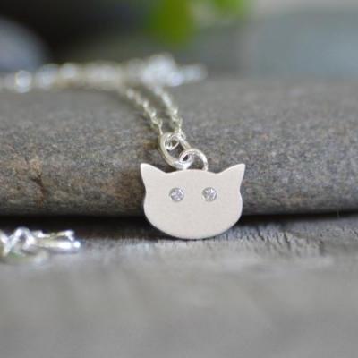 Cat Necklace With Diamond Eyes, Kitten Necklace With Diamond Eyes, Handmade In The UK