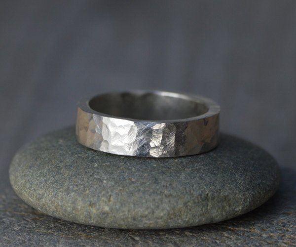 Hammered Effect Wedding Band In Sterling Silver With Personalized Message Inside, 5mm Wide Rustic Wedding Ring