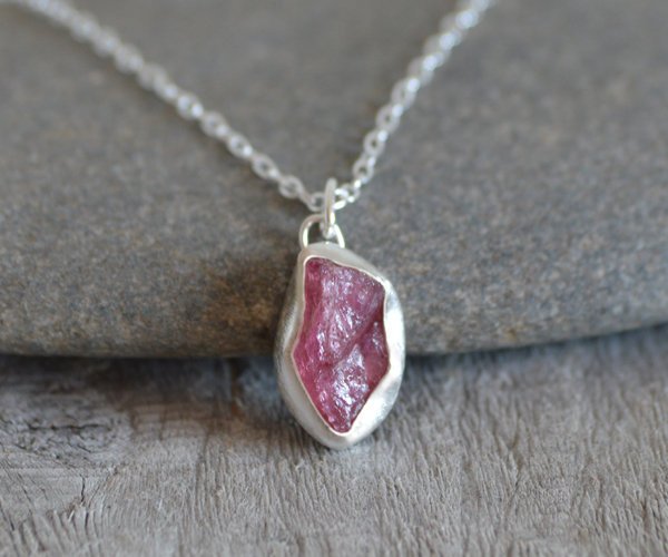 Raw Tourmaline Necklace In Rose Pink, Small Rough Tourmaline Necklace, October Birthstone Necklace Handmade In The Uk