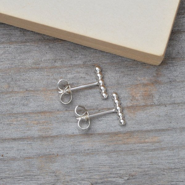 Beaded Stick Earring Studs In Sterling Silver, Simple Stick Earring Studs Handmade In England