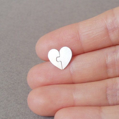 Jigsaw Puzzle Sweet Heart Earring Studs In Sterling Silver, Heart Shape Earring Studs Handmade In Uk