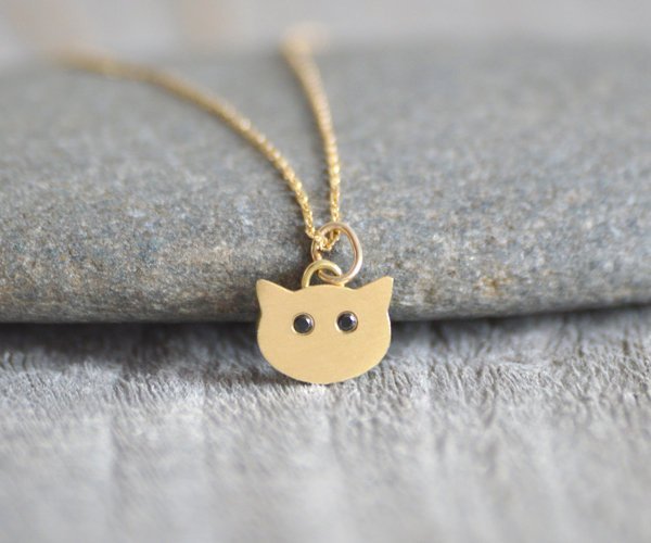 Cat Necklace With Diamond Eyes, Kitten Necklace In 18K Yellow Gold With Diamond Eyes, Handmade In The UK