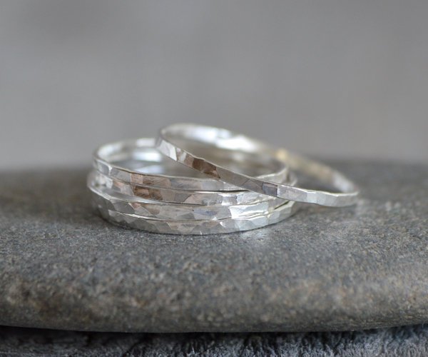Slim Stacking Rings In Sterling Silver, Rustic Stackers, Hammered Stacking Rings, Handmade Stacking Ring Set, Made To Order