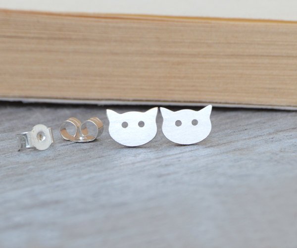 Cat Earring Studs In Sterling Silver, Kitten Earring Studs Handmade In The Uk
