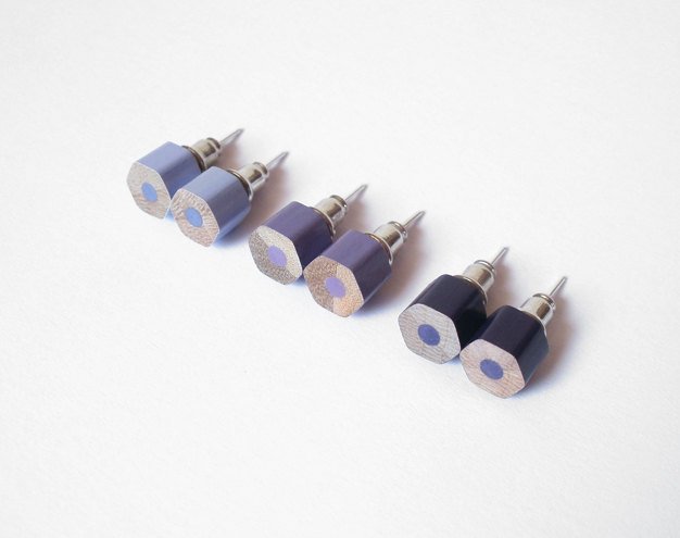 Color Pencil Earing Studs, The Hexagon Version In Purple, Pencil Jewelry Handmade In England By Huiyi Tan