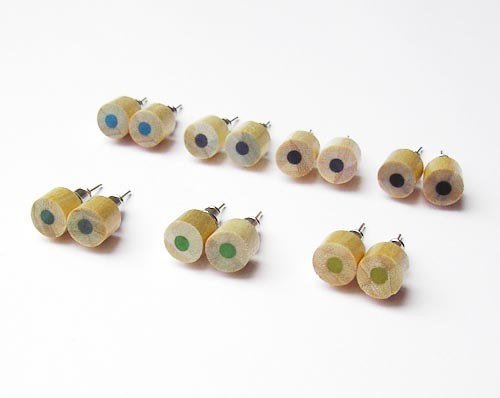 Wooden Color Pencil Ear Studs In Green, Blue And Black, Wooden Pencil Jewelry Handmade In The Uk