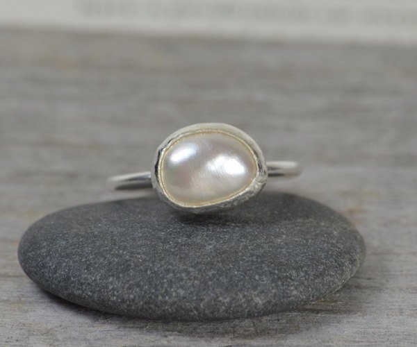 Large Freshwater Pearl Stacking Ring, Pearl Engagement Ring, Stackable Pearl Ring, Bridal Ring, June Birthstone Pearl Ring, Wedding Gift
