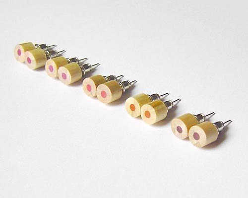 Wooden Color Pencil Ear Studs, The Reddish Series Pencil Jewelry Handmade In England By Huiyi Tan