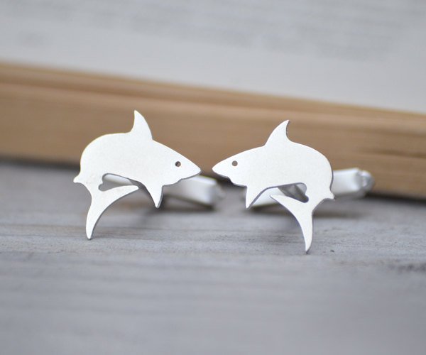 Shark Cuff Links In Sterling Silver, Animal Cuff Links, Handmade In The UK
