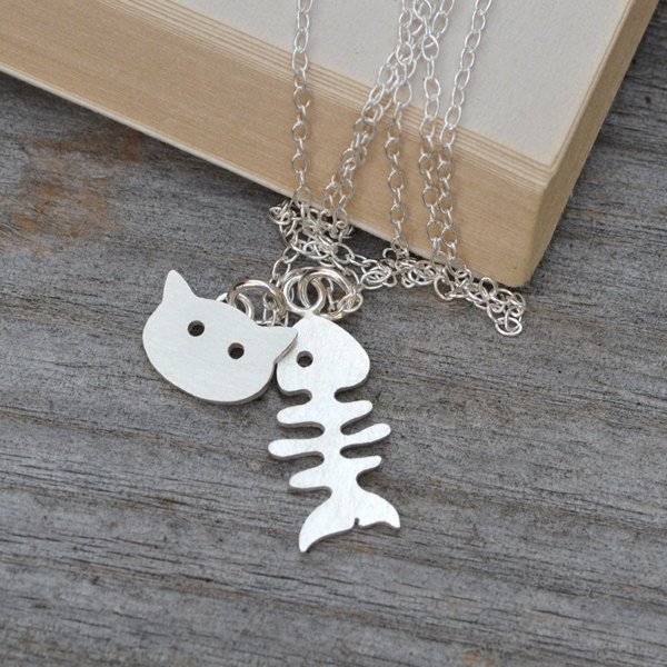 Fishbone And Cat Necklace In Sterling Silver, Handmade In England