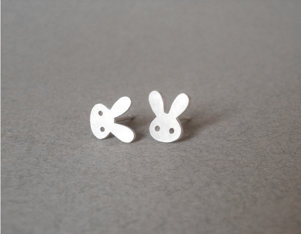 Bunny Rabbit Earring Studs With Straight Ears In Sterling Silver, Handmade In England