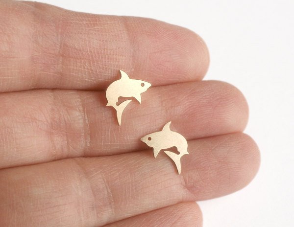 Shark Earring Studs In 9ct Yellow Gold, Animal Earring Studs Handmade In The Uk