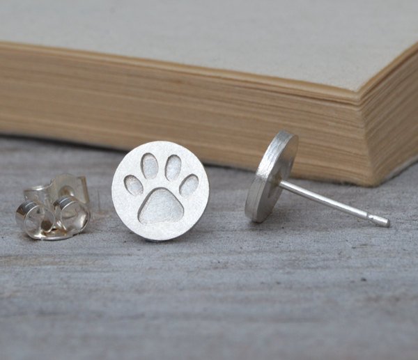 Pawprint Earring Studs In Solid Sterling Silver, Solid Pawprint Handmade In England