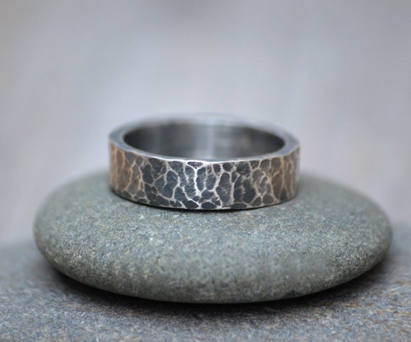 Oxidised Hammered Effect Wedding Band In Sterling Silver With Personalized Message Inside, 5.5mm Wide Rustic Wedding Ring