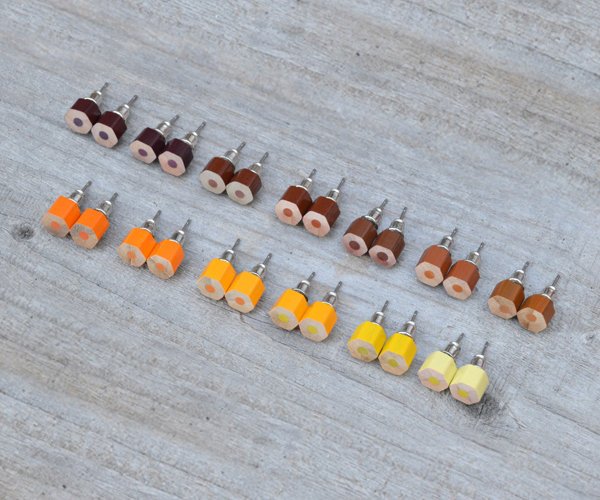 Autumn Colour Pencil Stud Earring, Yellow Colour Pencil Ear Studs, Orange Earring Stud, Brown Pencil Stud Earring, Handmade In England