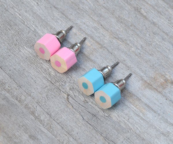Baby Blue Colour Pencil Ear Studs And Baby Pink Pencil Stud Earrings, Handmade In England By Huiyi Tan