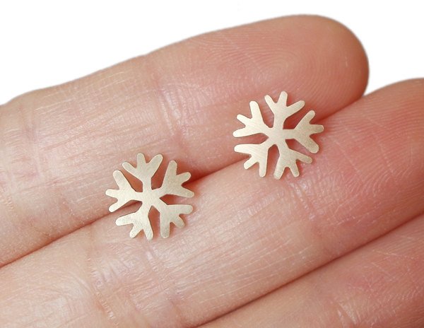 Snowflake Earring Studs, Weather Forecast Earring Studs In 9ct Yellow Gold, Handmade In England