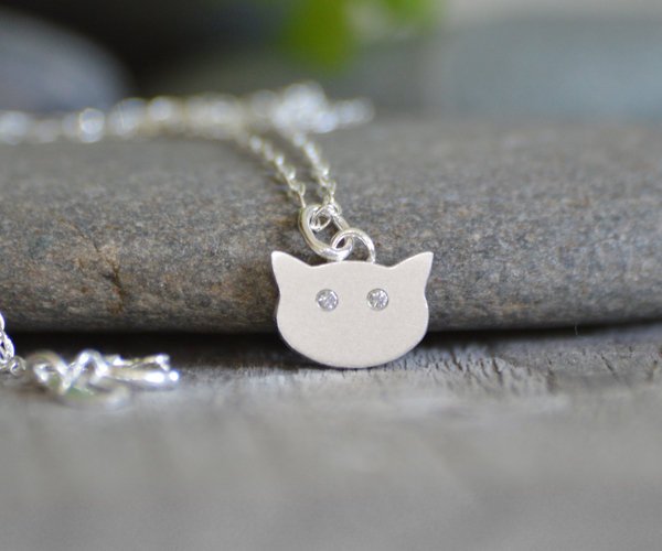 Cat Necklace With Diamond Eyes, Kitten Necklace With Diamond Eyes, Handmade In The Uk