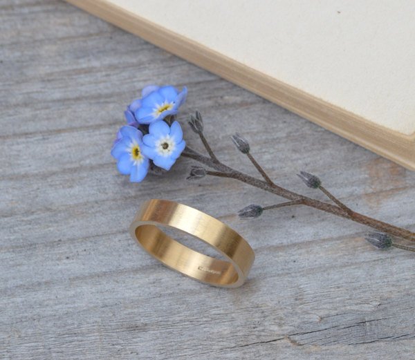 Flat Wedding Ring Wedding Band In 9k Yellow Gold With Personalized Message Inside, 4mm Wide