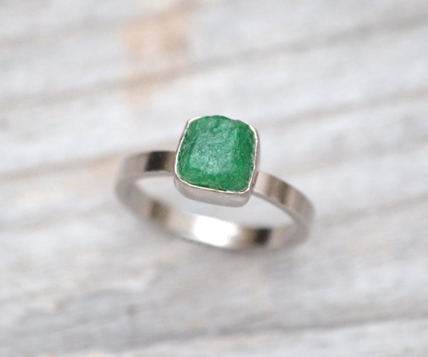 Raw Emerald Engagement Ring Set In 18ct White Gold, May Birthstone Ring, Made To Order