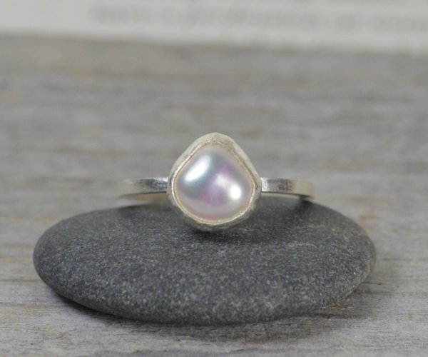 Large Freshwater Pearl Ring Set In Sterling Silver, Pearl Engagement Ring, June Birthstone, Bridal Ring Handmade In England