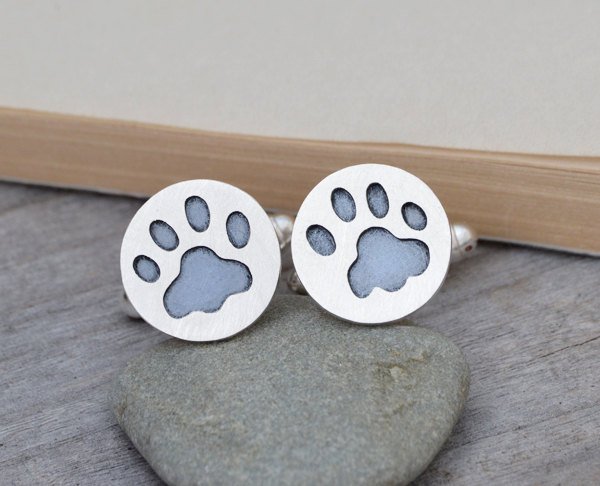 Custom Made Pawprint Cufflinks In Sterling Silver, With Personalized Message On The Back, Handmade In The UK