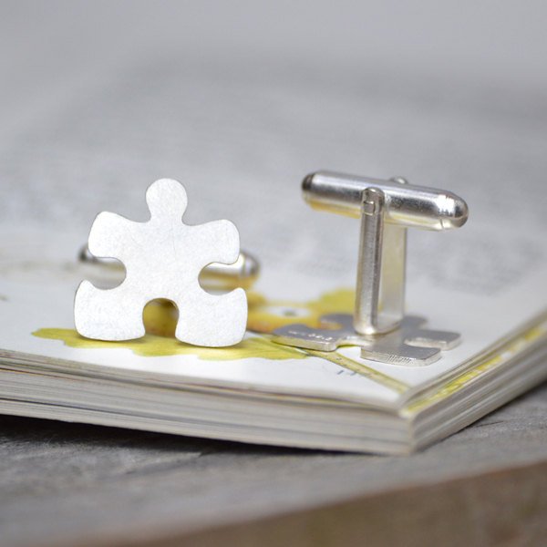 Jigsaw Puzzle Cufflinks In Sterling Silver For Him, With Personalized Message On The Back, Handmade In The UK