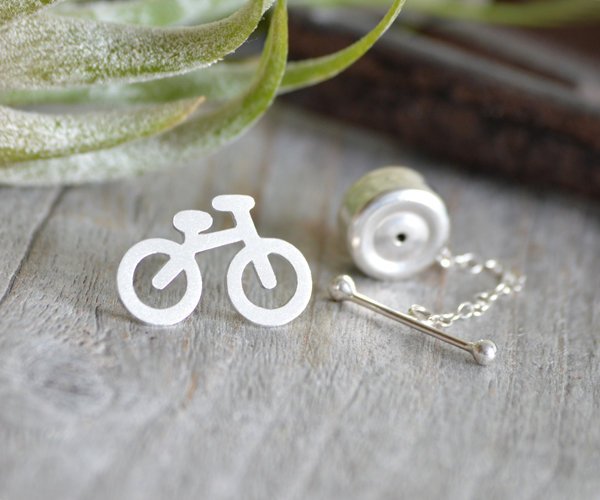 Bicycle Tie Tack In Sterling Silver With Personalized Message On The Back, Handmade In The UK