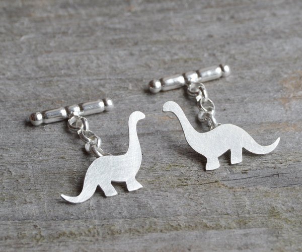 Dinosaur Cufflinks In Sterling Silver, Brontosaurus Cufflinks With Personalized Message, Handmade In Uk