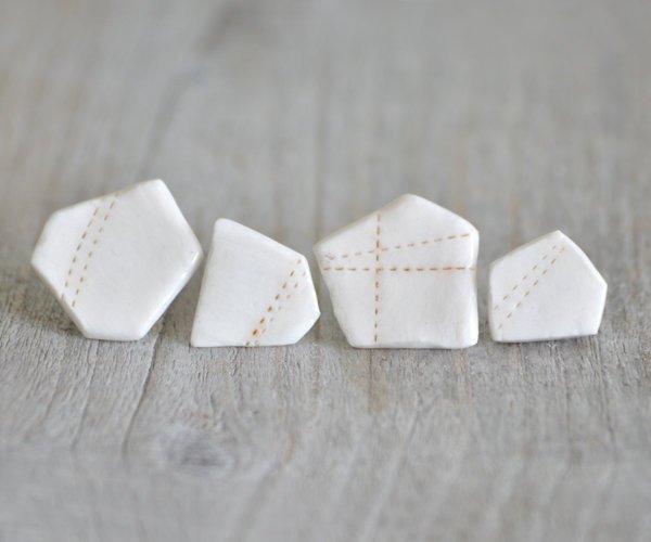 Pentagon Porcelain Stud Earrings In Ivory And Brown, One Of A Kind Porcelain Stud Earrings, Handmade In The Uk