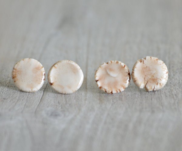 Round Porcelain Stud Earrings In Ivory And Brown, All One Of A Kind, Handmade In The Uk