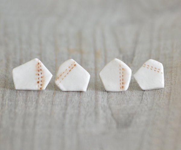 Unique Pentagon Porcelain Stud Earrings In Ivory And Brown, One Of A Kind Stud Earrings, Handmade In The Uk