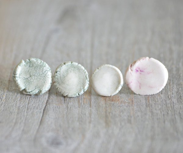 Unique Porcelain Stud Earrings In Ivory, Green And Purple, All One Of A Kind, Handmade In The Uk