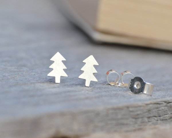 Christmas Tree Ear Studs In Sterling Silver, Winter Earring Studs, Xmas Tree Earring Studs, Handmade In England