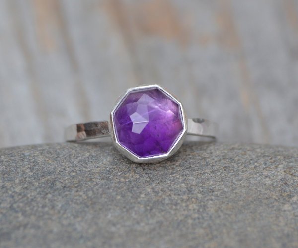 Amethyst Stacking Ring Set In Sterling Silver, Rose Cut Octagonal Amethyst Solitaire Ring, February Birthstone, Handmade In England