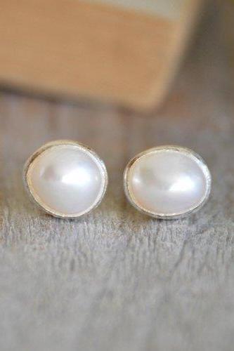 Freshwater Pearl Stud Earrings Set In Sterling Silver, Bridal Stud Earrings, Bridesmaid Earring Studs